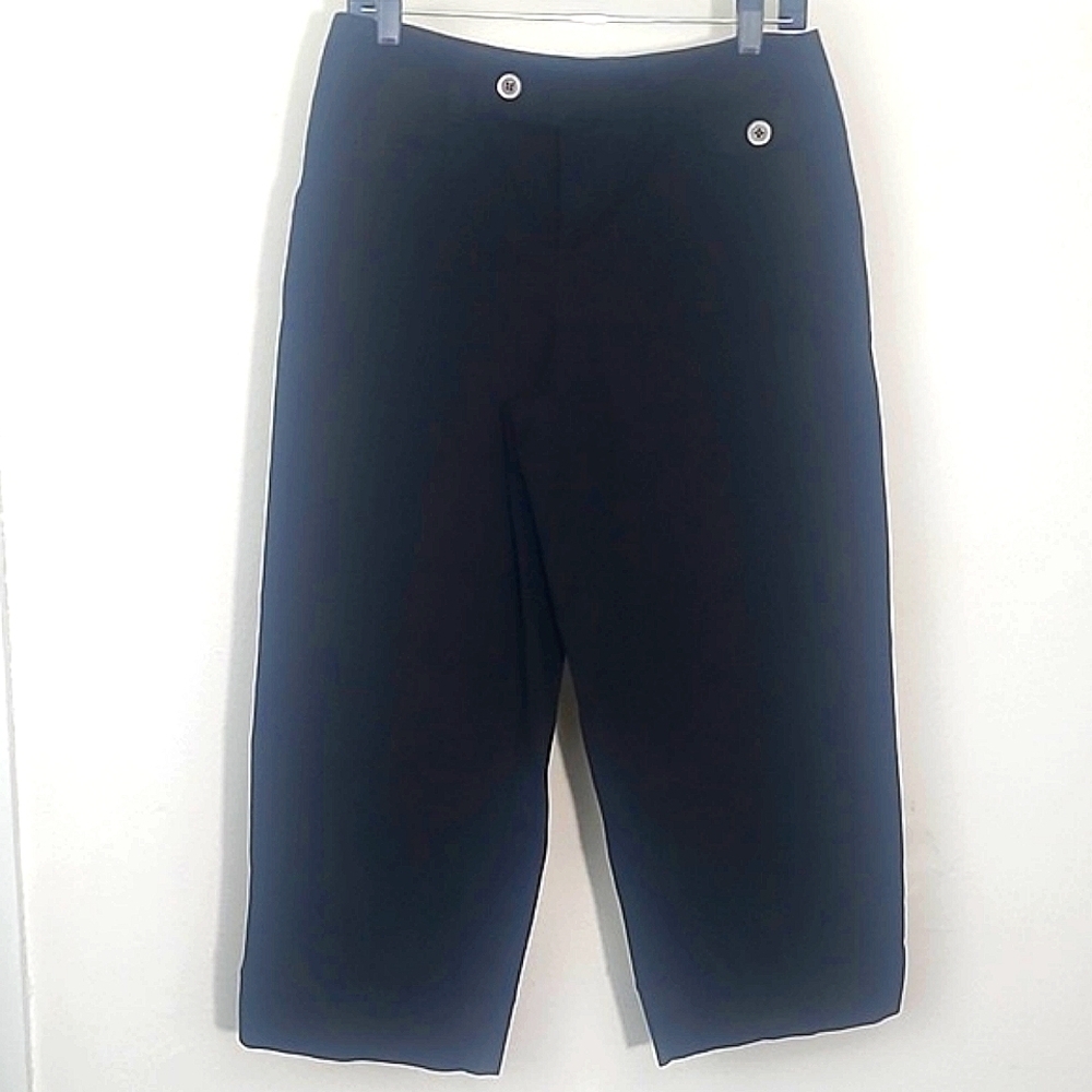Hannah Capri pant black flat-front flap Pockets stretch wide leg sz 6
